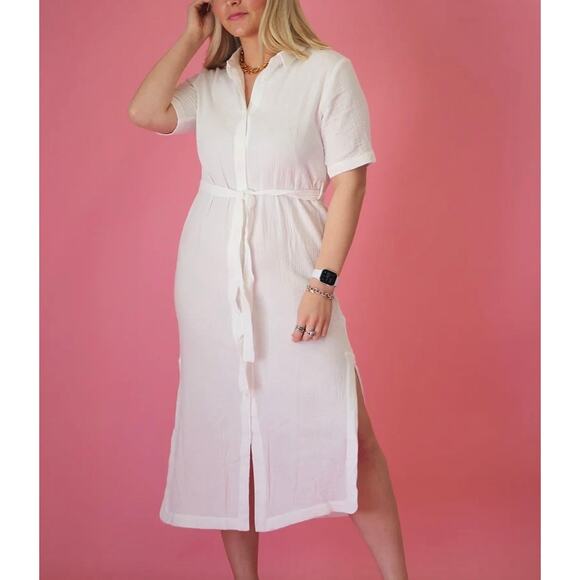 MOD REF Mary Alice Shirt Dress Womens Small White Cotton Double gauze Belt Midi - Picture 1 of 14